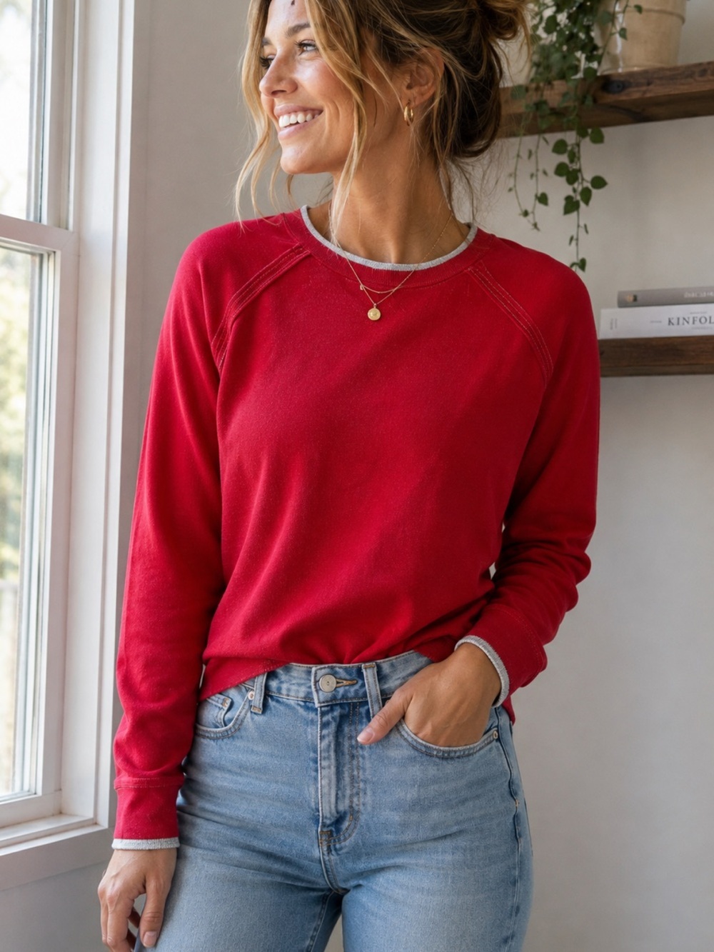 ATHLETA Cotton Tipped Red Crewneck Sweater Size Small